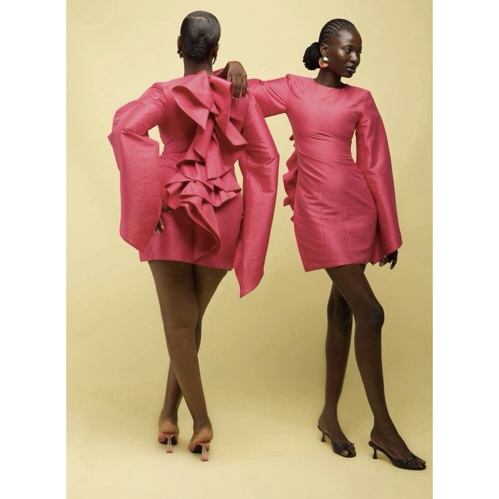 Orire Dayar Pink Ruffled Back High Neck Asymmetrical Sleeves Mini Dress U.S. 2